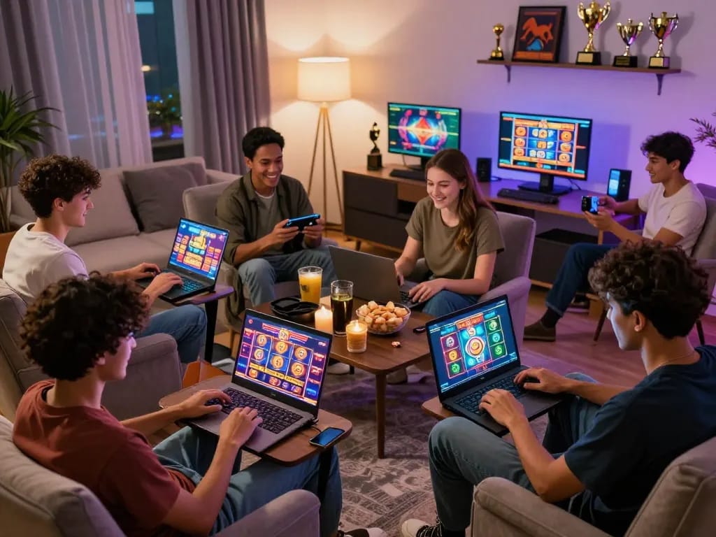 Players enjoying go88 online casino games in a cozy home setting, showcasing excitement and vibrant graphics.