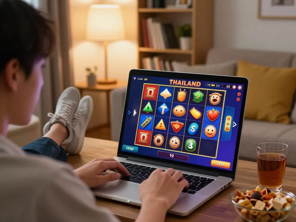 Player spinning reels on a laptop, enjoying slot thailand game in a cozy home setting.