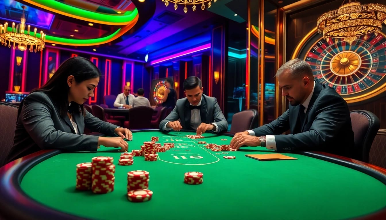 XN88 players are strategizing their bets at an elegant poker table surrounded by vibrant casino elements.