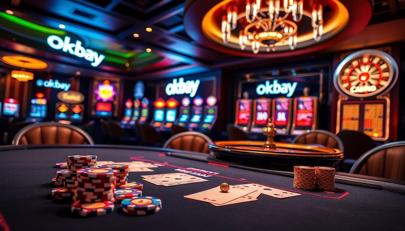 High-stakes poker scene at a luxury casino with vibrant elements, embodying okbay's thrilling atmosphere.