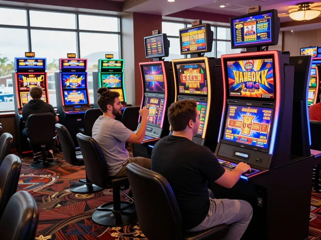 Suasana kasino online yang menarik menyoroti slot gacor hari ini dengan pemain yang menikmati mesin permainan yang penuh warna.