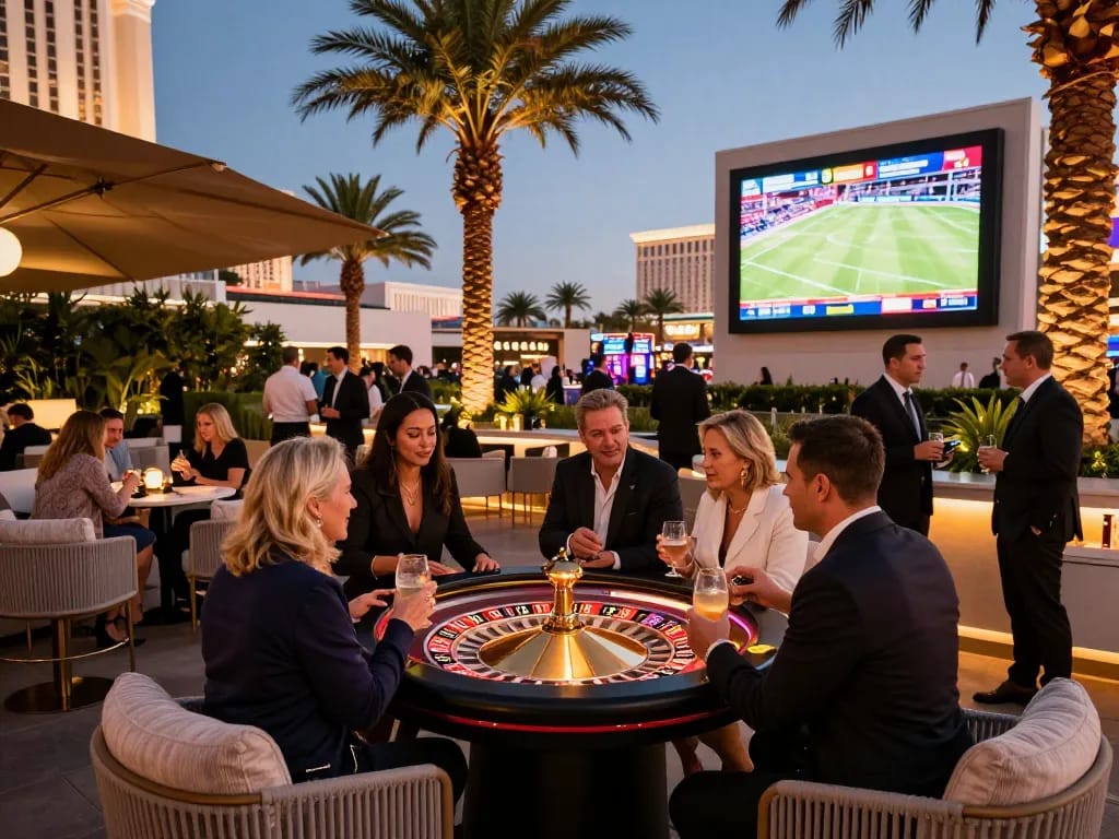 Engaging scene at a Vegas casino terrace where players enjoy roulette during cm88-t1 evening gaming.