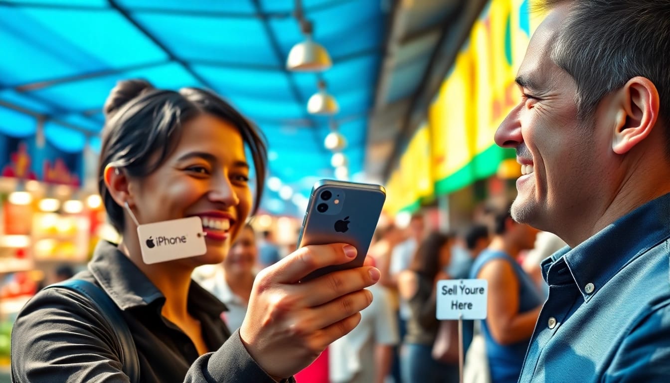 Sell your iPhone with a smiling seller and buyer at a vibrant marketplace.