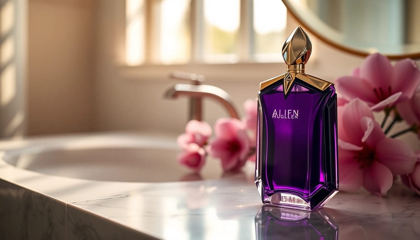 Experience the elegance of Alien Mugler perfume with its unique design and luxurious setting.