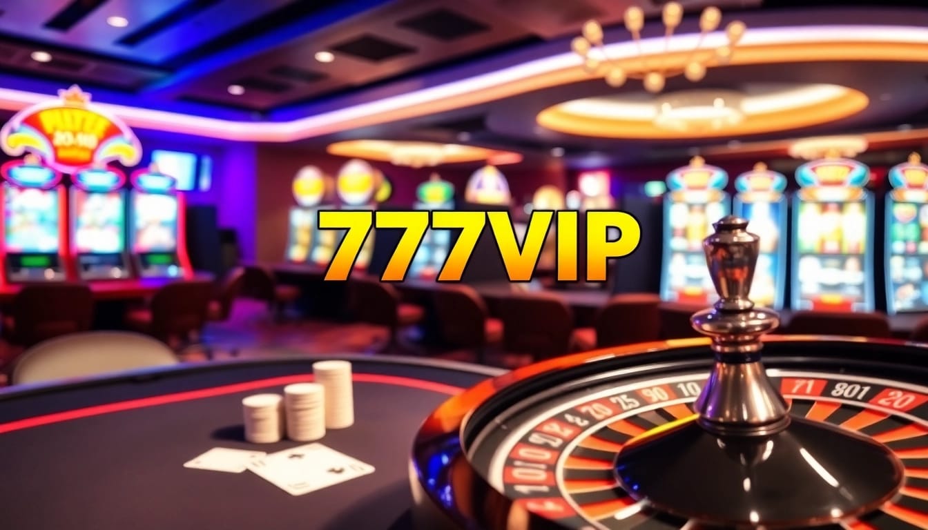 Experience thrilling games at 777VIP, featuring a vibrant casino ambiance with poker and slot machines.