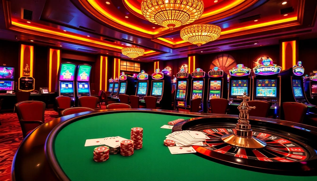 Action-packed gaming scene at nhà cái S8 with poker chips and roulette wheel.