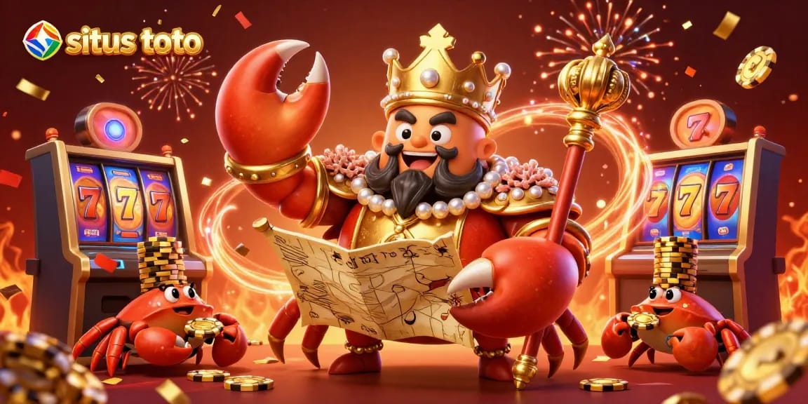 Join the excitement at situs toto with a golden crab emperor amidst vibrant casino elements, celebrating wins!