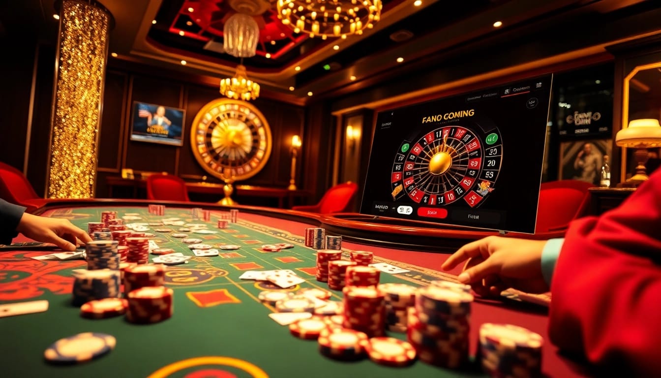 Experience khuyến mãi okfun through thrilling casino gameplay with vibrant poker tables and roulette wheels.