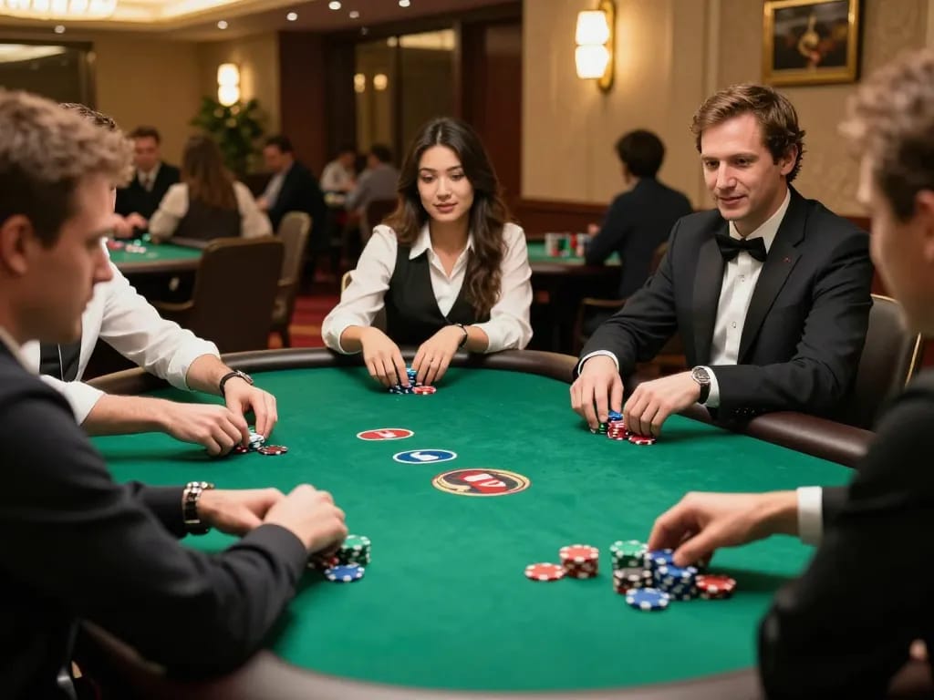 Players engage in a strategic poker game at EE88 casino, showcasing vibrant poker chips and dynamic atmosphere.