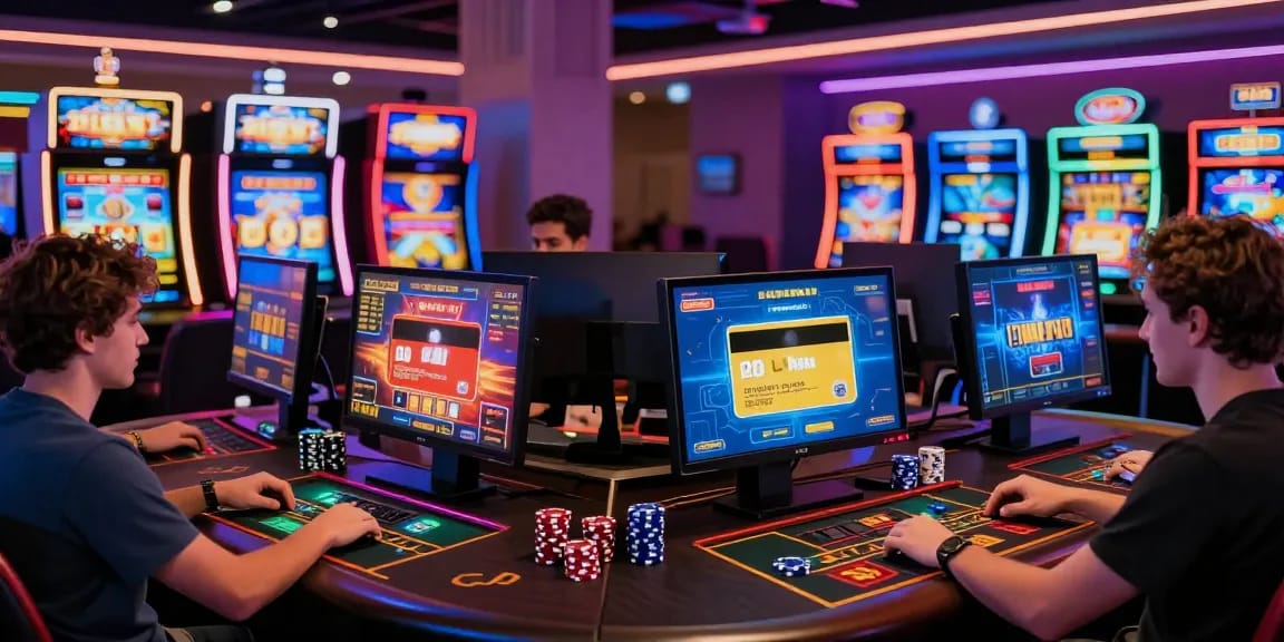 Players enjoying games at casinos that accept credit cards, surrounded by vibrant digital elements.