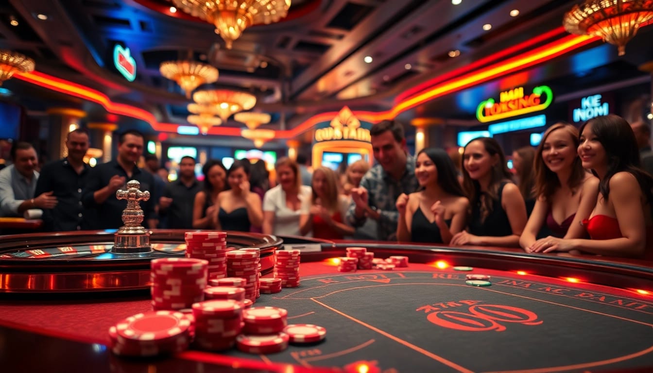 Nohu casino excitement with vibrant poker chips and a roulette wheel in a luxurious setting.