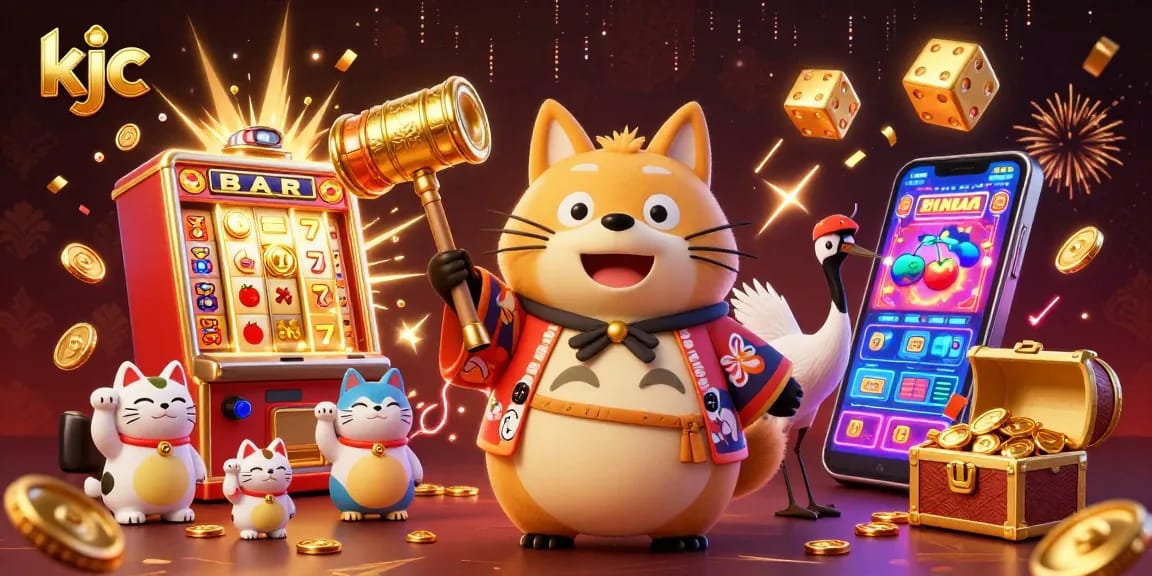 KJC players enjoy vibrant casino action with golden jackpot celebrations and festive characters.