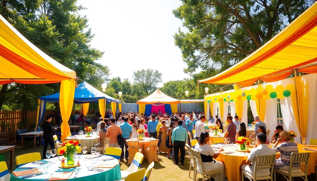 Set up for outdoor Party Rentals highlighting vibrant tents, tables, and celebrations.