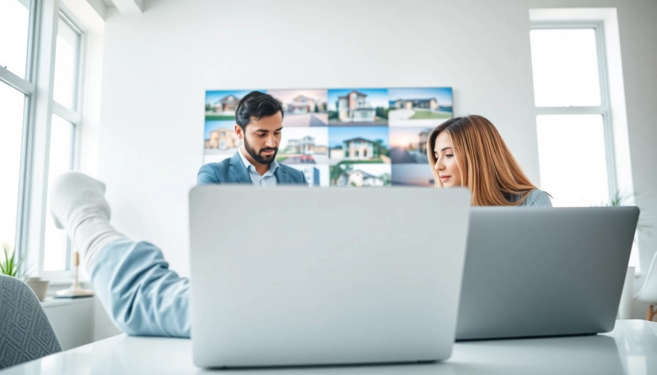 Engaging real estate agent assisting clients with property listings in a professional setting.