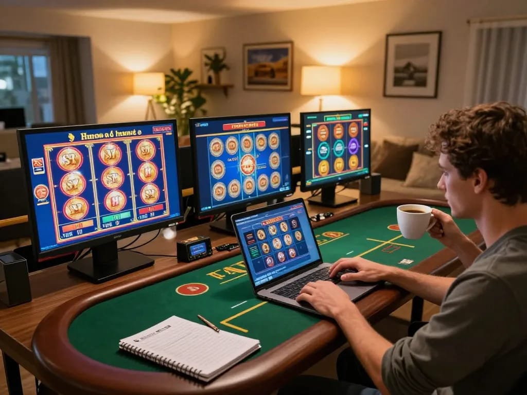 Engaged user playing 92slot online casino on a laptop, showcasing a cozy home gaming experience.