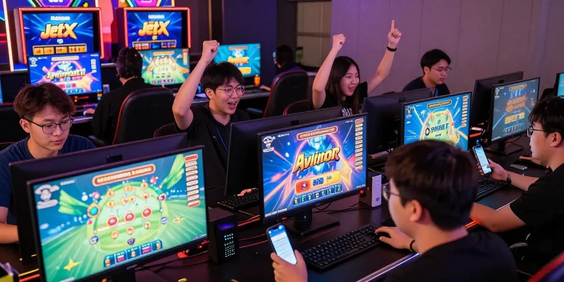 Aviator Pro players celebrating wins with cashouts in an energetic gaming atmosphere