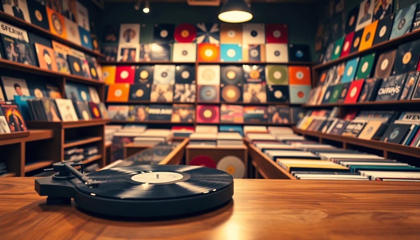 Browse colorful vinyl records at a cozy store with a vintage atmosphere.