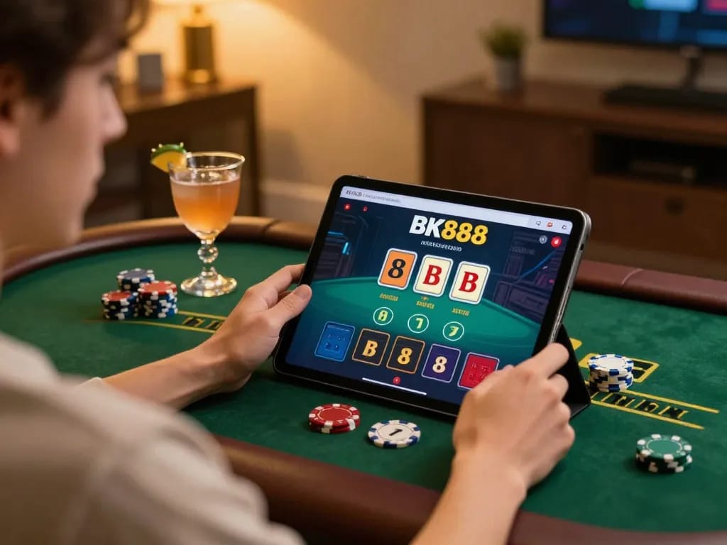 Experience live dealer baccarat on the BK888 platform in a stylish home setting with ambient lighting.