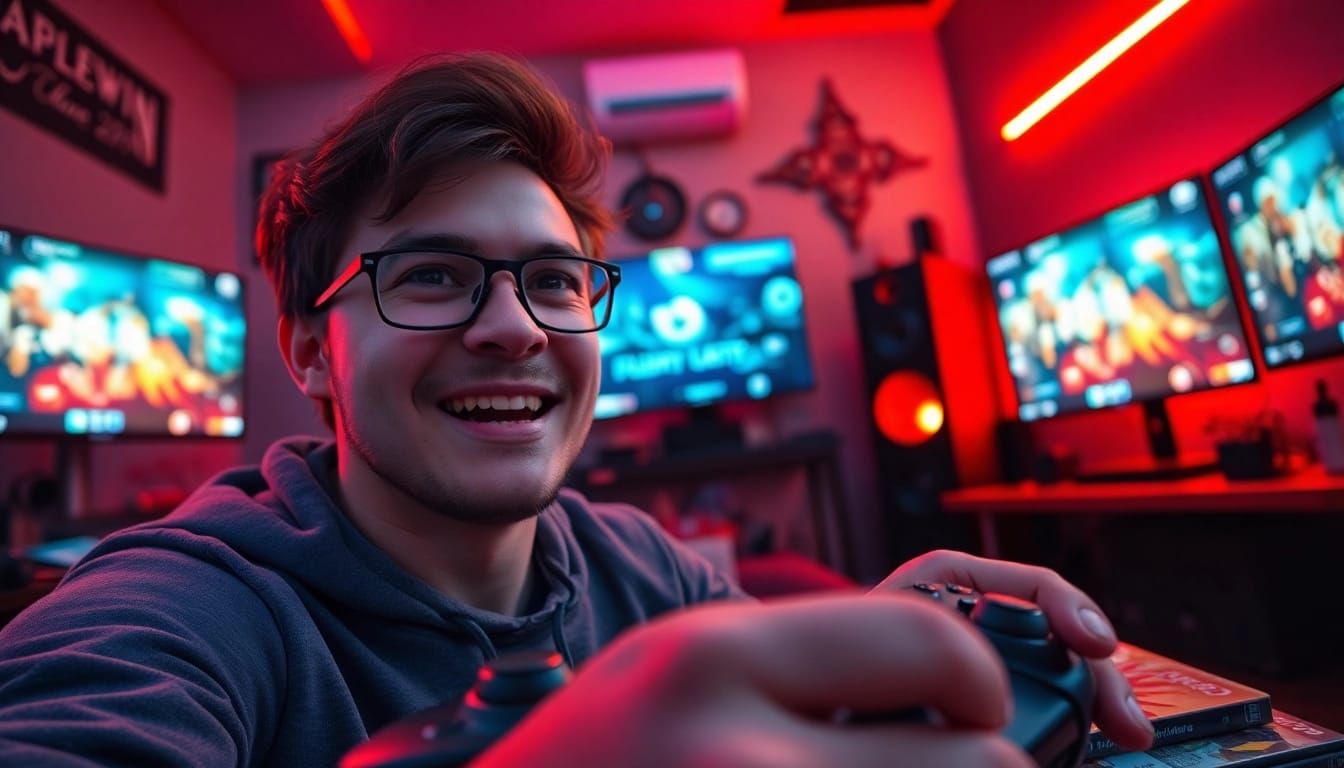 Immersive gaming enthusiast reviewing games with excitement highlighted in vibrant colors.