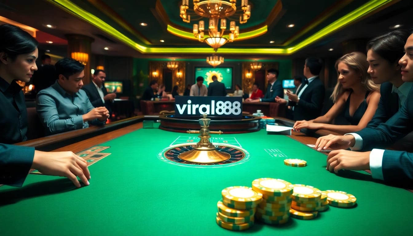 Players engaging in thrilling casino games at viral88, featuring a roulette wheel and poker chips.