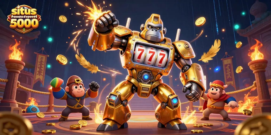 Engage in the thrill of gaming with situs deposit 5000, featuring vibrant scenes of golden gorilla mech and slot elements.