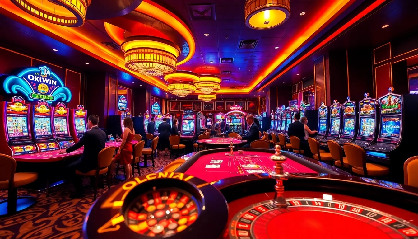Engage in thrilling gaming action at okwin casino with vibrant tables and lively slot machines.