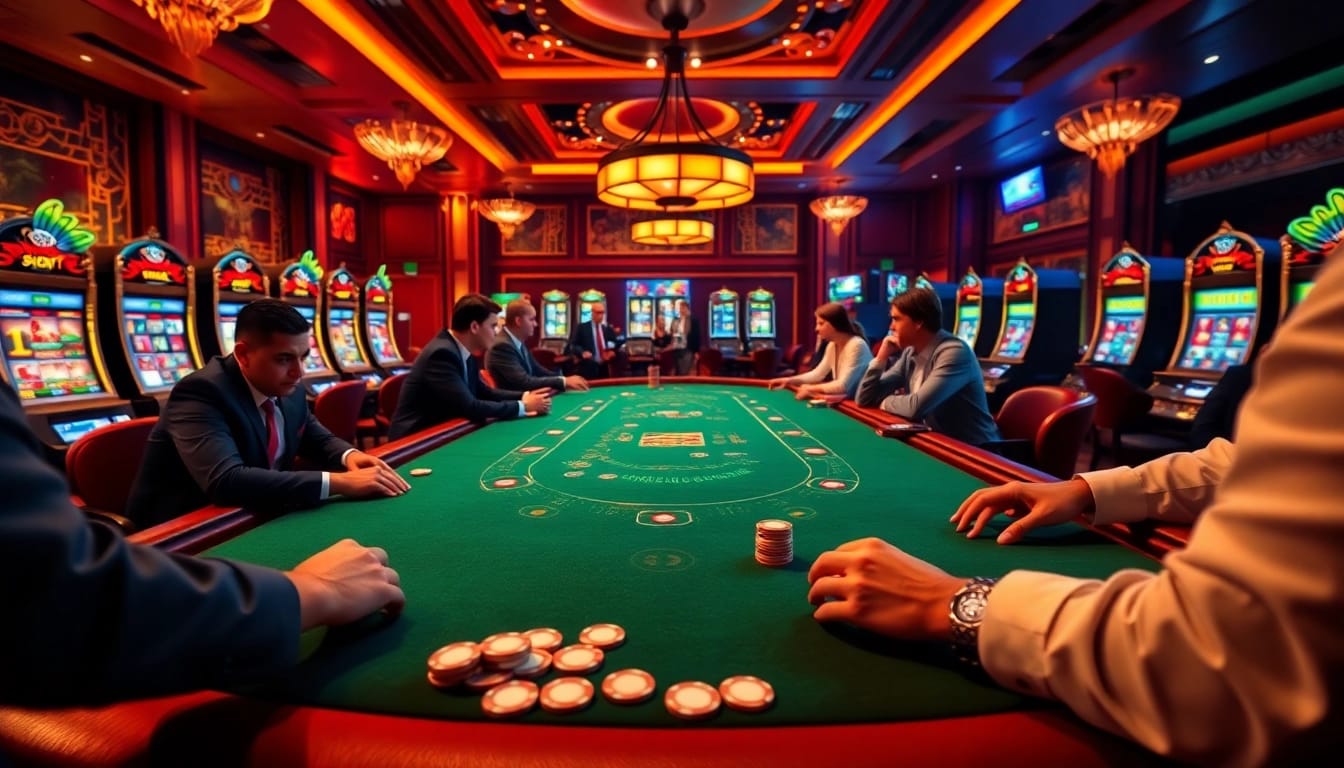 The lively atmosphere at https://68vip.bio/ featuring elegant poker players at a luxury casino table.