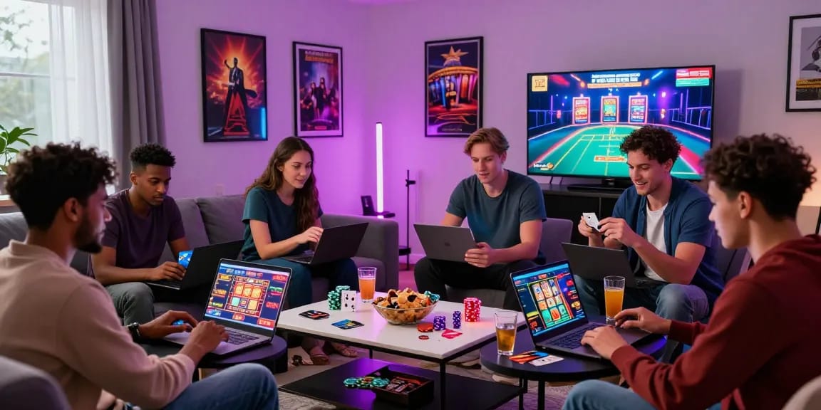 Group of friends enjoying credit card casinos UK games in a vibrant living room with laptops, snacks, and live dealer screens.