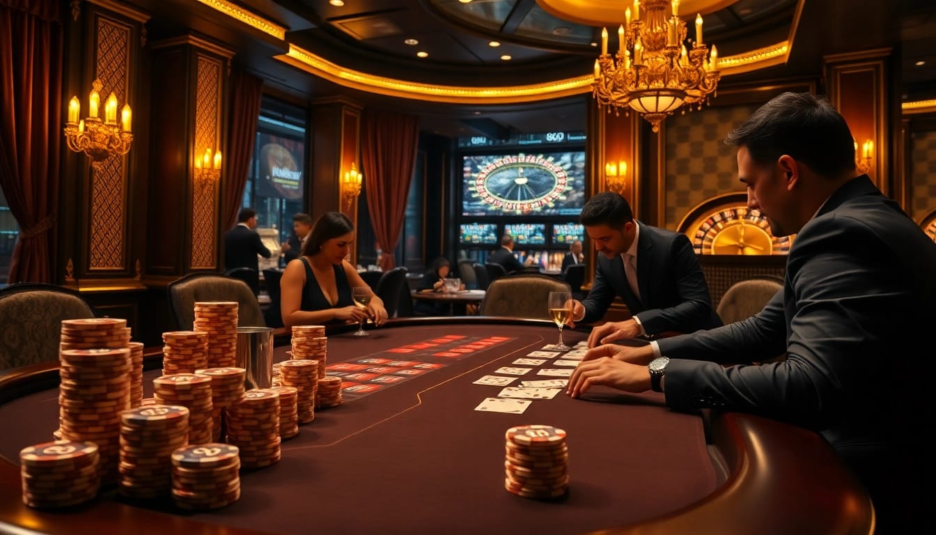 Engaging poker gameplay at a rich casino featuring 888new elements, surrounded by luxury and excitement.