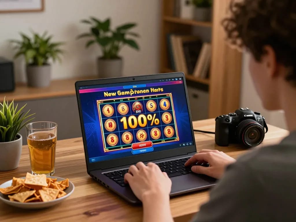 Engaging online casino gaming scene showcasing a slot bonus new member 100% on a laptop screen, immersive atmosphere, and responsible gambling.