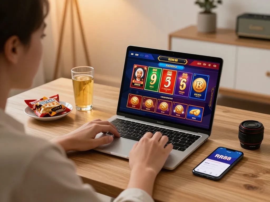 Engaging on RR88 mobile app while enjoying a cozy home gaming setup.
