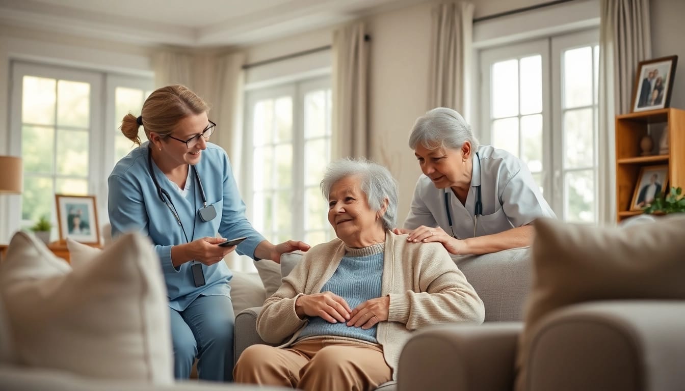 Caregivers providing compassionate in home care austin tx to an elderly individual in a warm environment.