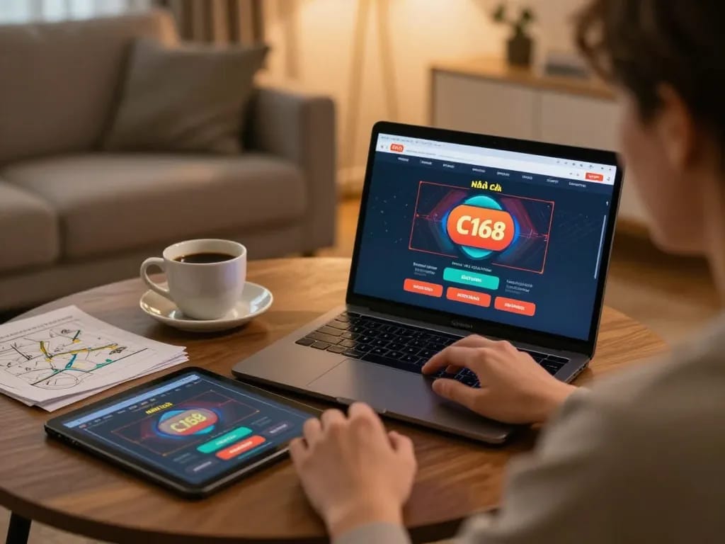 C168 nhà cái app being used for online betting in a cozy home setting, showcasing interactive gaming experience.