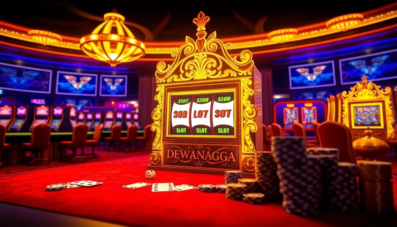 Mesin slot Dewanaga89 di tengah dekorasi kasino yang meriah, mengundang kegembiraan bagi penjudi.