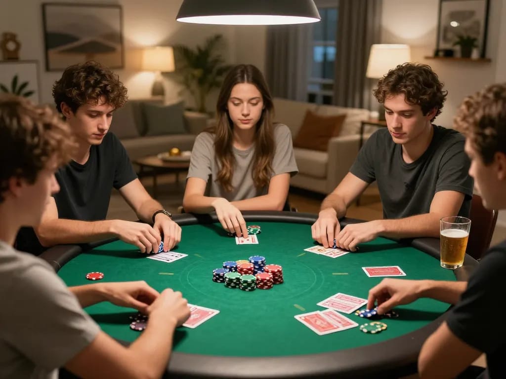 MAY88 poker enthusiasts enjoying a game night at home, focusing on strategy and camaraderie.