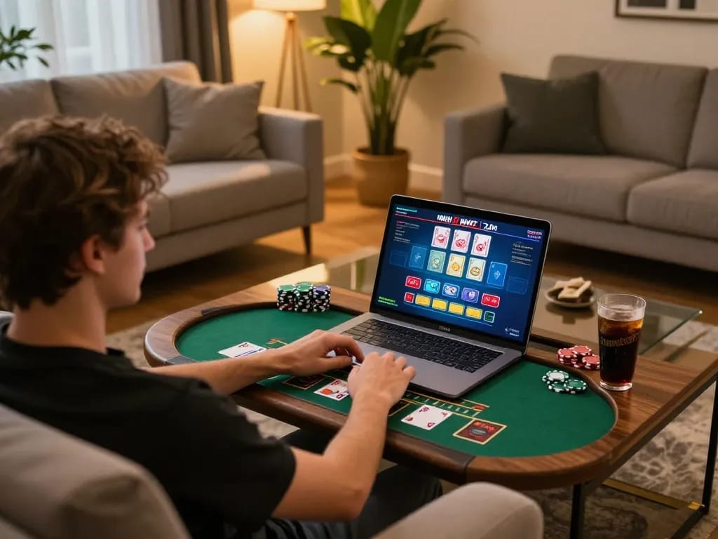Player engaging in online blackjack on 32win's platform from home with cozy ambiance.