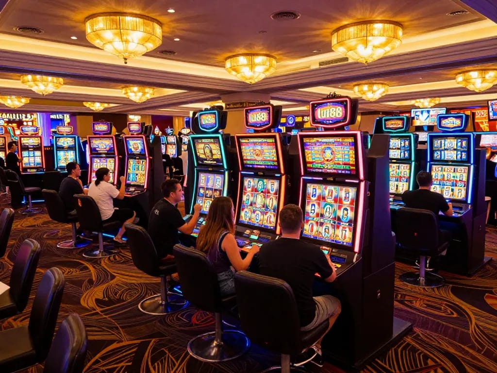 Players enjoying vibrant slots at lu88. com, capturing excitement and casino thrill.