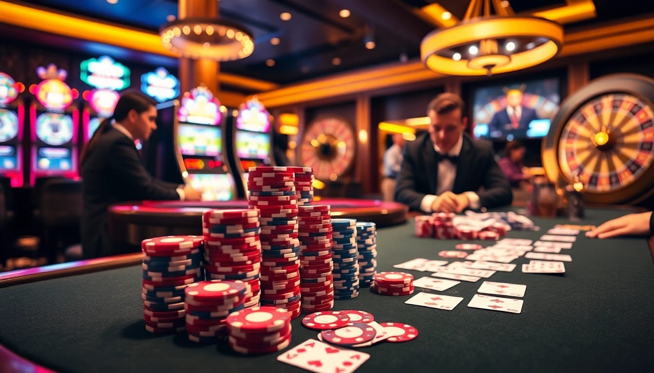 SBOBet players engaging in an intense poker game at a luxurious casino table.