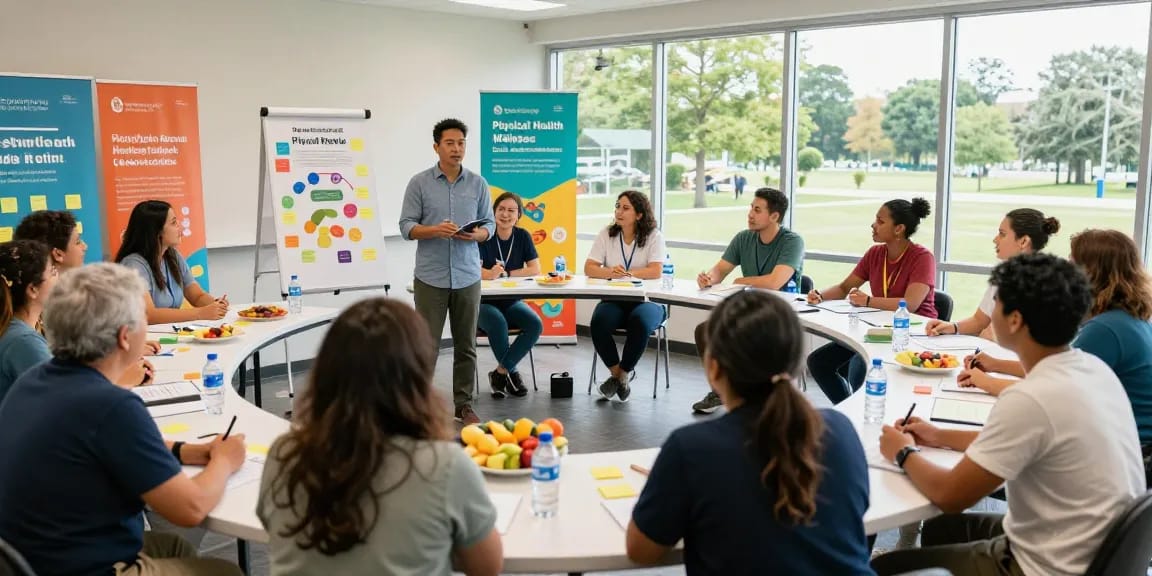 Community health workshop at https://factors.org.uk with diverse participants engaging in health discussions and activities.