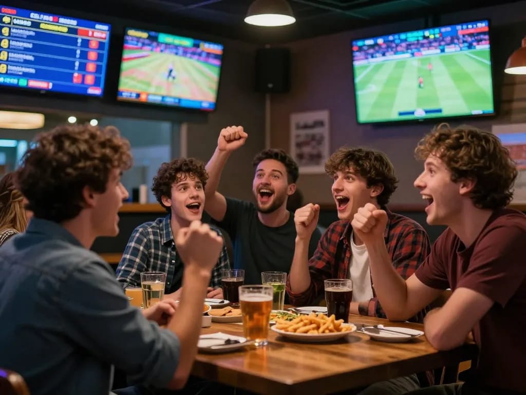 Engaged sports betting with rr 88 at a lively bar, showcasing excitement and camaraderie.