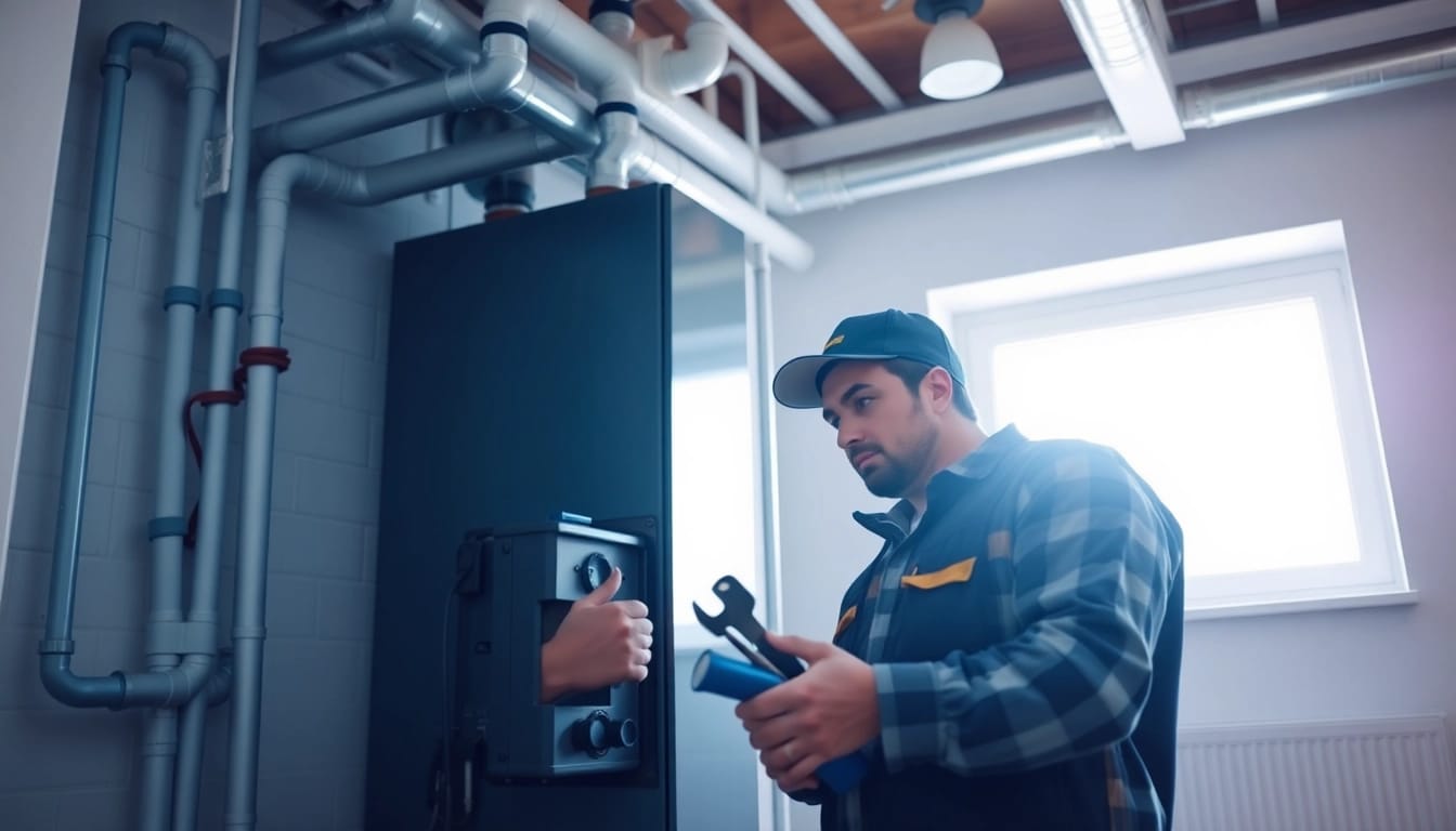 HVAC company canada technician efficiently servicing heating equipment in a residential environment.