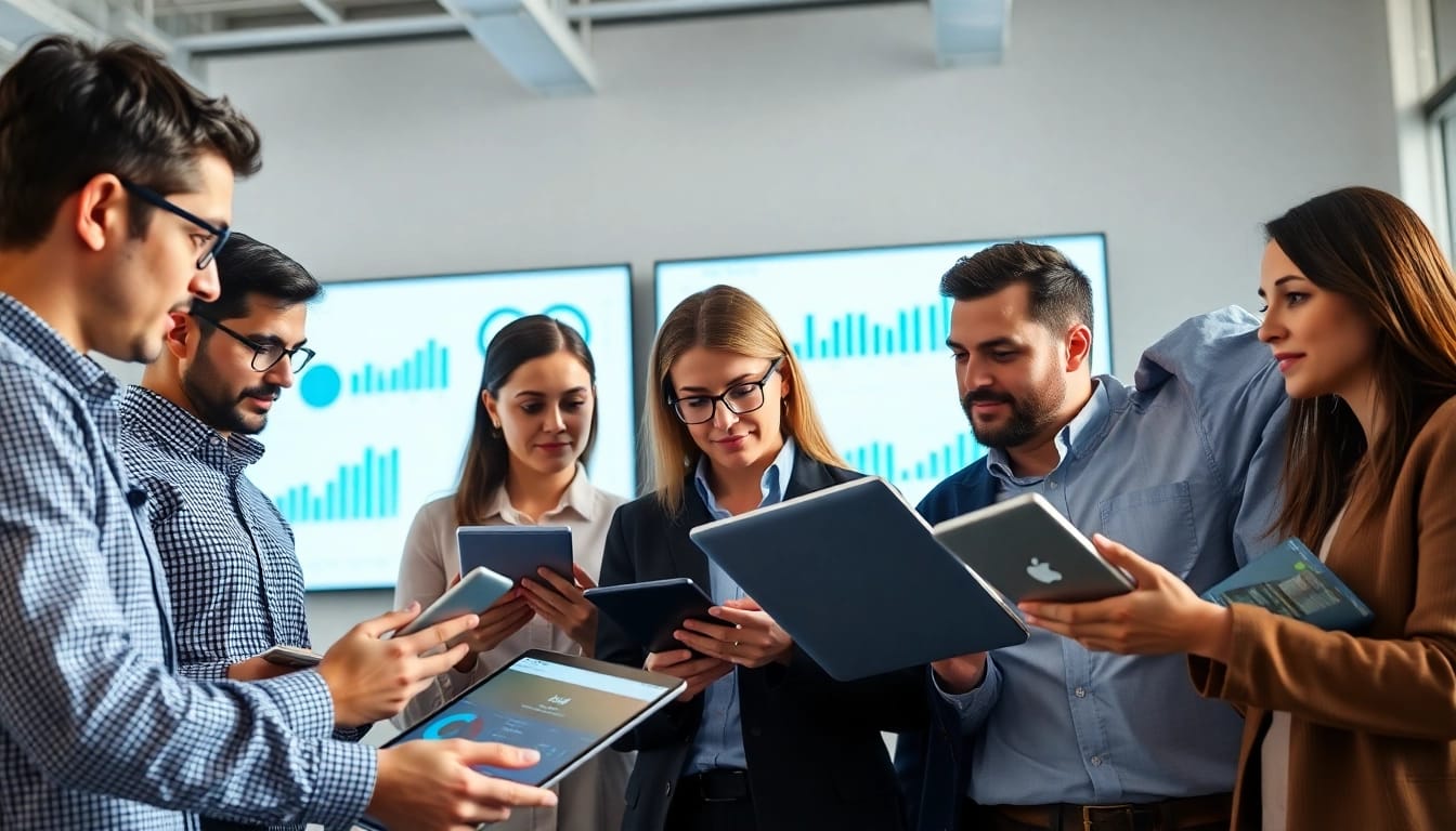 Analyze competitive intelligence strategies with a team collaborating in a vibrant office.