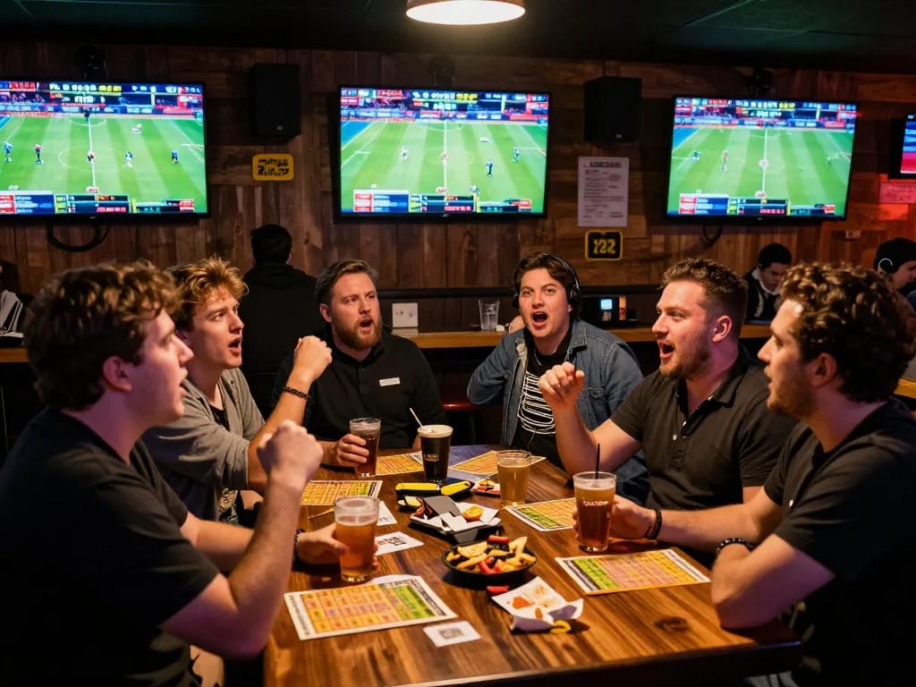 Engaging in live sports betting at https://ok365.br.com with friends in a vibrant sports bar setting.