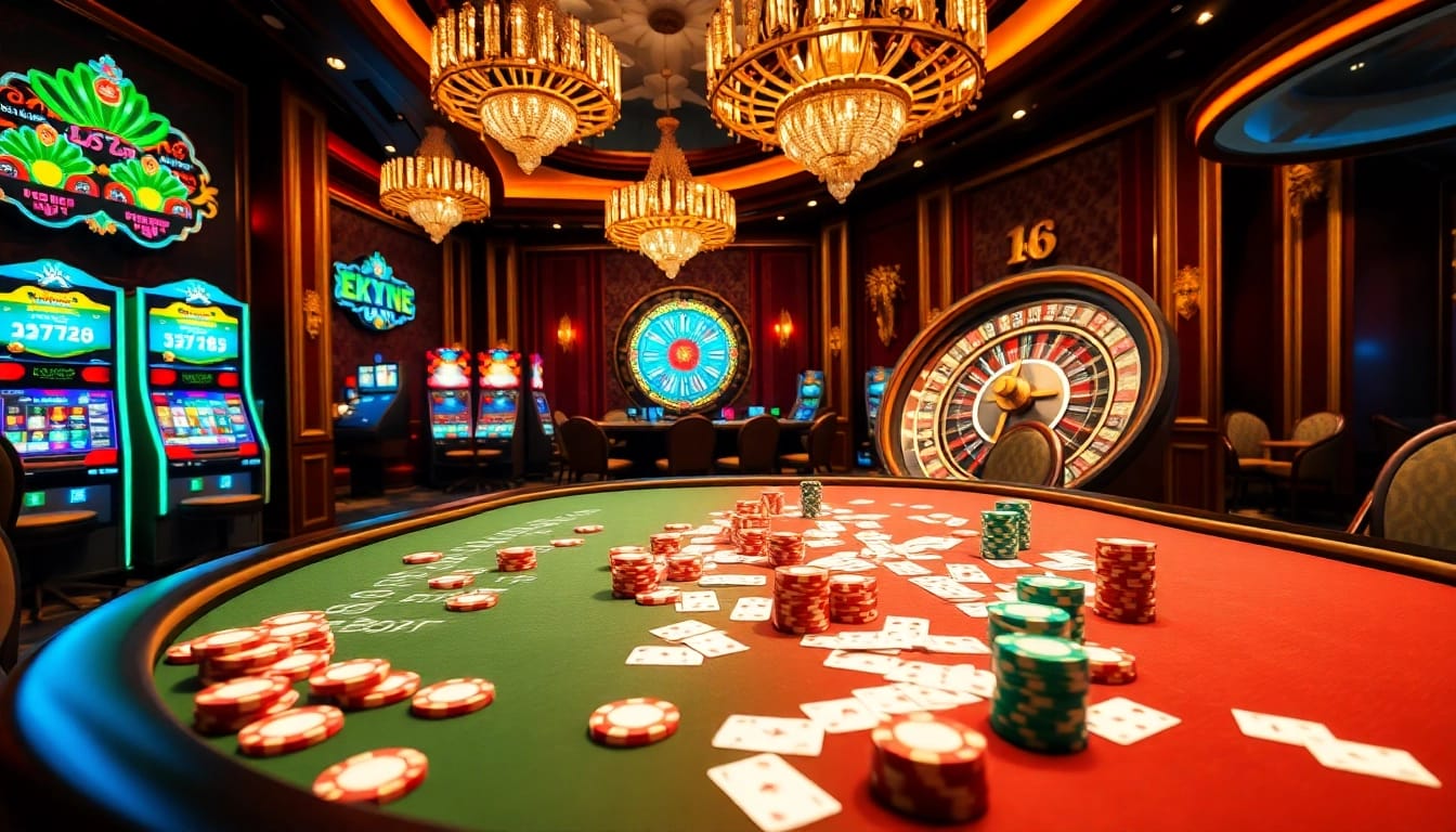 Exciting RR88 poker scene showcasing colorful chips and glowing slot machines.