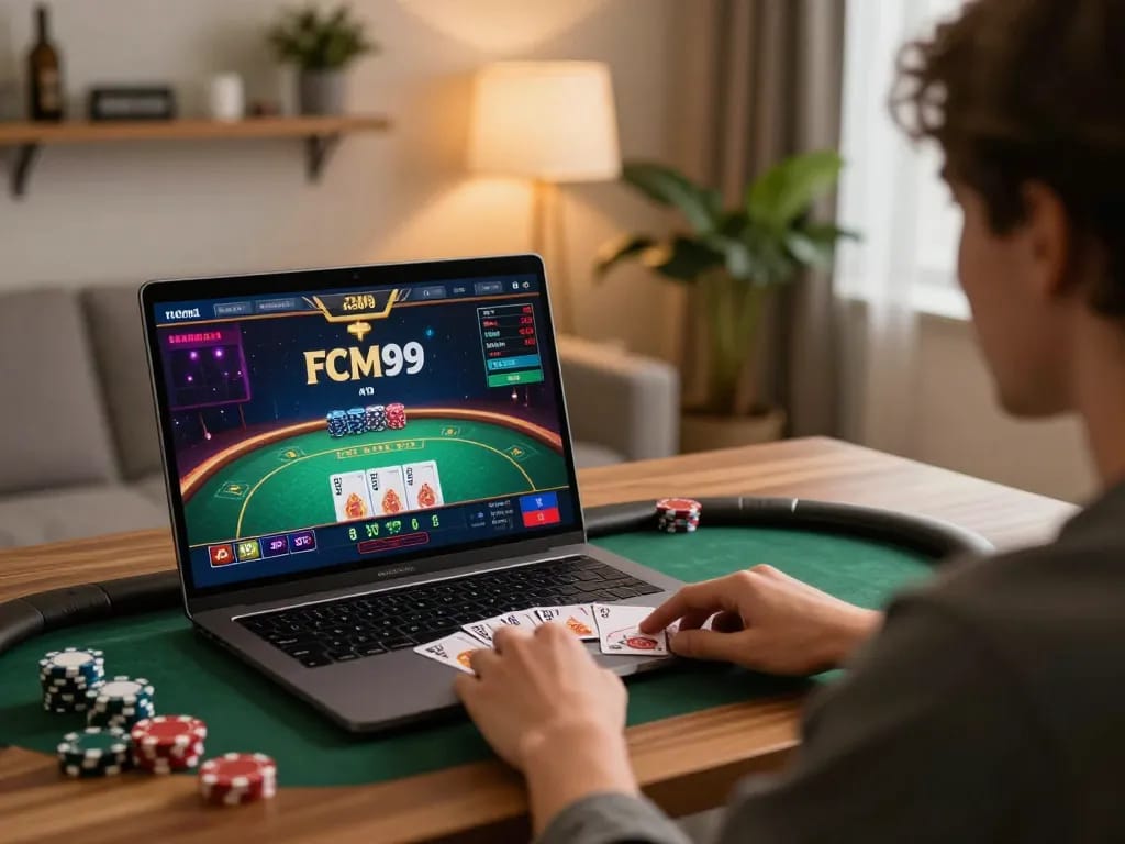 Engaging in FCM99 free credit poker game at stylish home desk, showcasing strategic gameplay.
