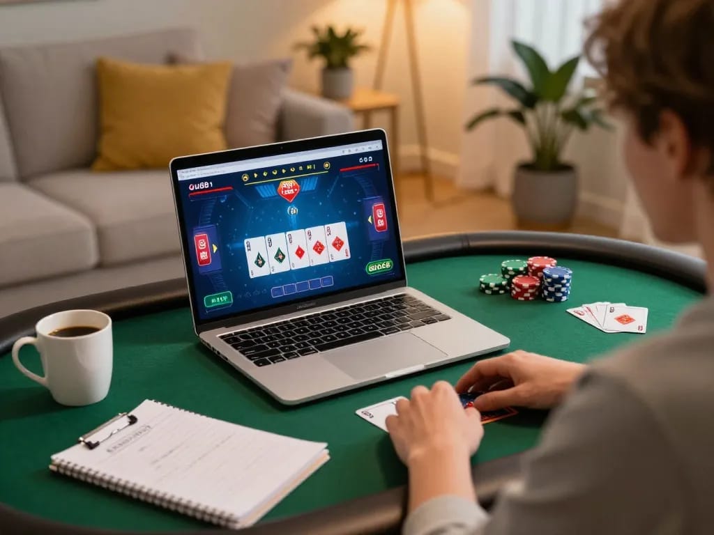 Engaged poker player enjoying an online game with uu88, showcasing strategy notes and a cozy home setting.