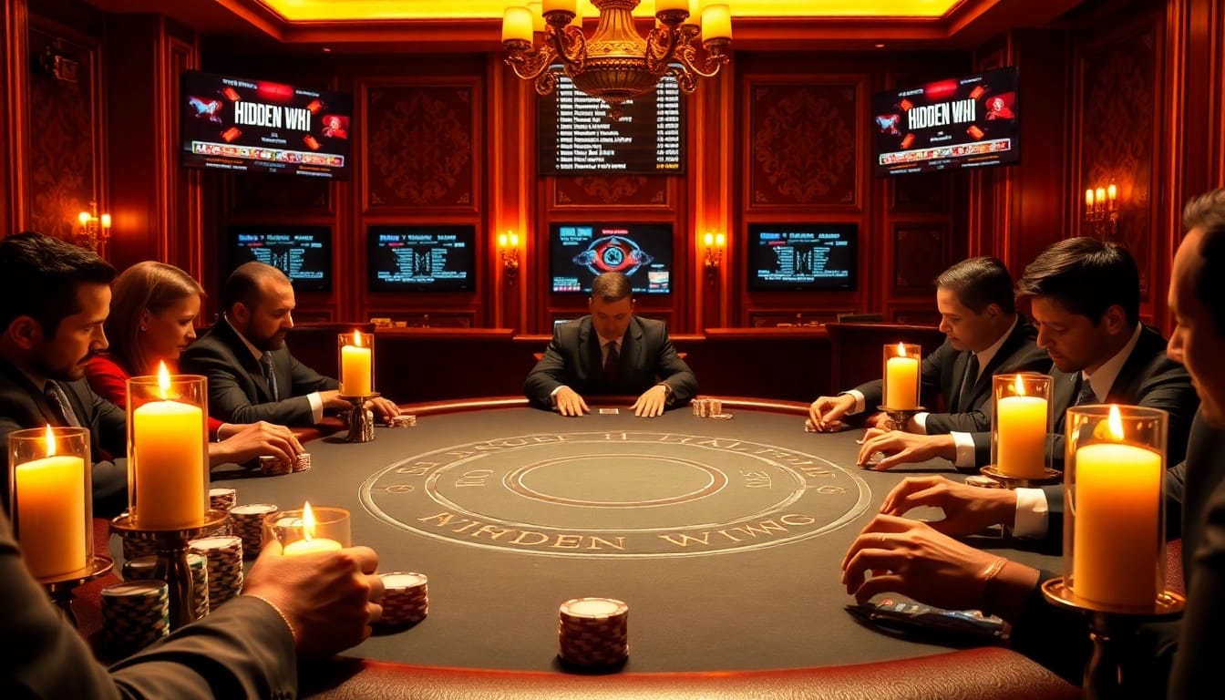 Engaging poker players at a luxurious casino table inspired by elements of the hidden wiki dark web.