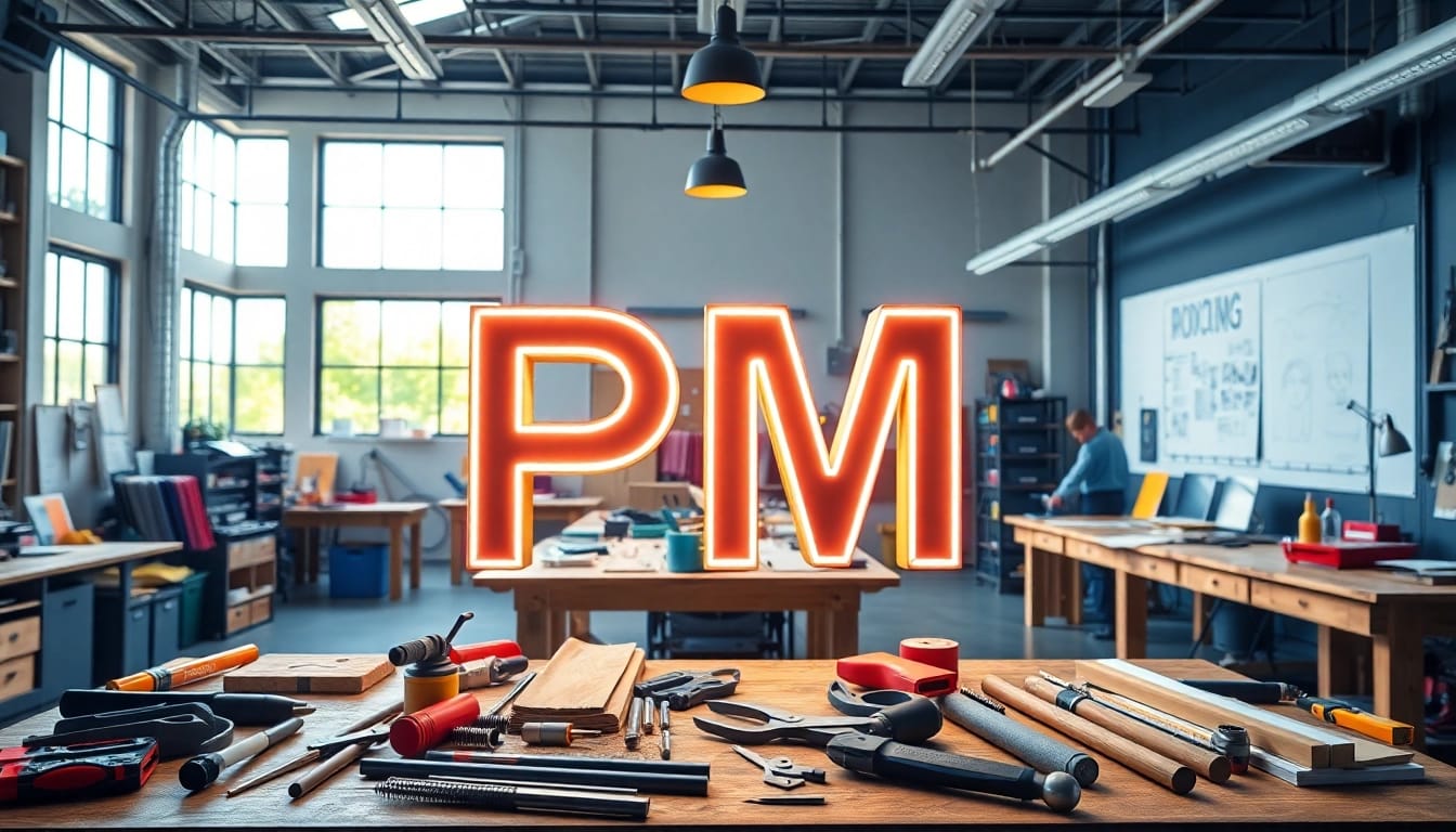 Crafting vibrant pm signs in a modern design studio workshop setting.