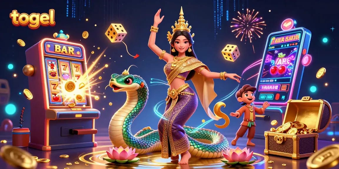 Engaging togel experience with vibrant visuals and casino elements featuring a traditional dancer and a mythical serpent.
