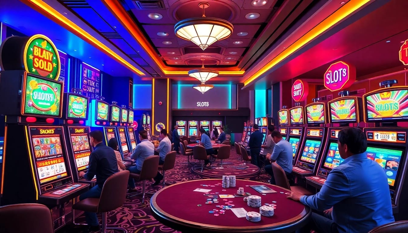 Experience the excitement of SLOTS8 with vibrant slot machines and eager players in a luxurious casino.